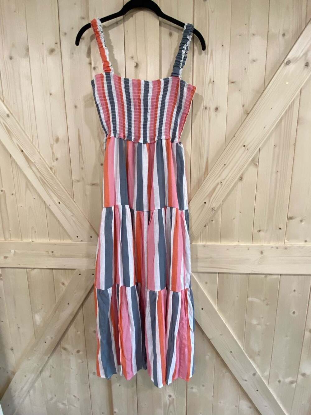 NY Collection Smocked-Bodice Tiered Midi Dress Stripe Pink Multi size small elas
